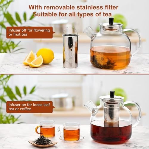 1500ml(50oz) Glass Teapot with Removable Infuser, Ehugos Stovetop Safe Large Tea Pot, Blooming and Loose Leaf Hand Crafted Kettle for Women and Adult with Stainless Infuser - Image 5