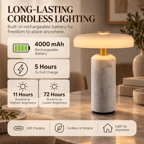 Cordless Marble Table Lamp with Glass Shade,Touch Dimmable Stone Lamp - Image 4