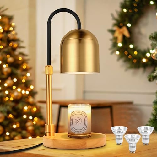 Candle Warmer Lamp with Timer & 3 Bulbs, Dimmable Electric CandleLight Adjustable Height and Brightness Candle Wax Warmer for Jar Candles Bedroom Home Decor House Warming Gift for Women (Round Gold) by Unknown