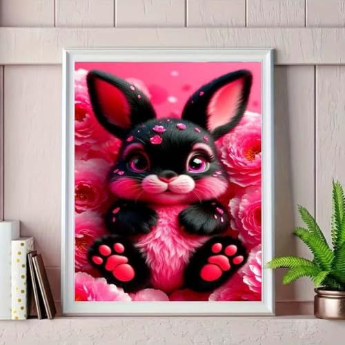 OJTOYART Black Rabbit Diamond Painting Kits for Adults, Pink Flowers 5D Diamond Art Kits for Beginner,DIY Round Full Drill Diamond Dots Craft Kits for Home Wall Decor 12 x 16 ihch - Image 3