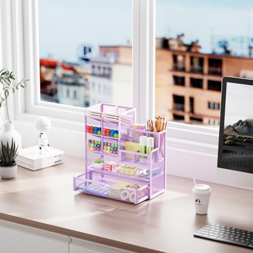 Marbrasse Mesh Pen Holder for Desk, Multi-Functional Pencil Organizer with Drawer, Desk Organizers and Accessories for Office Art Supplies (Purple) - Image 5