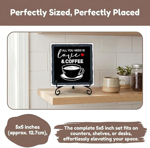 Coffee Bar Sign, All You Need Is Love and Coffee Quote Sign, 5x5 Wood Plaque with Iron Stand, Kitchen Cafe Tabletop Decor – A03 - Image 5