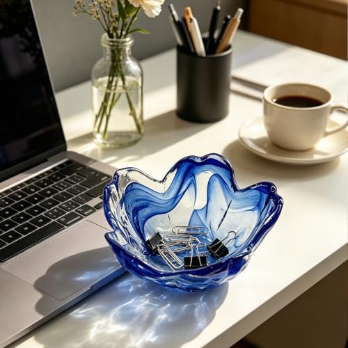 Blue Flower Ring Dish, Small Glass Jewelry Dish Tray, Ring Holder Jewlery Tray Trinket Dish, Bathroom Nightstand Decor Jewelry Bowl Christmas Friendship Birthday Gifts for Women, Soap Dish - Image 6