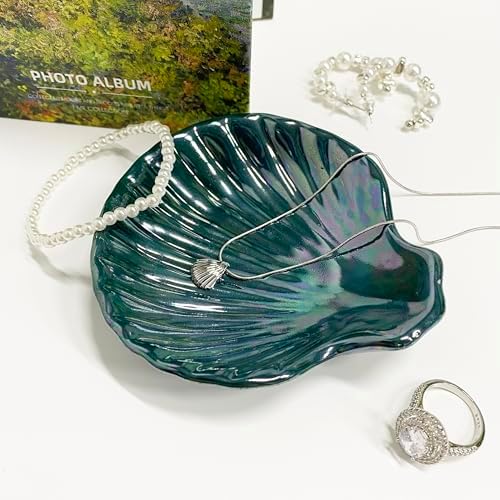 Seashell Trinket Tray, Ceramic Ring Holder Dish for Earrings Necklace, Shell Jewelry Dish Tray, Ocean Room Decor, Birthday Mother's Day Christmas Gift for Women, 3.9", Deep Teal Iridescent Surface - Image 6