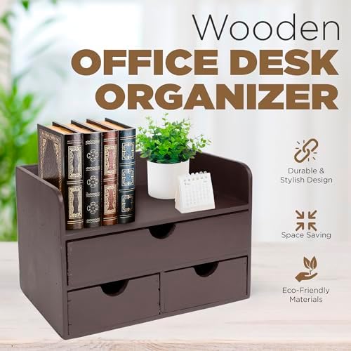 Besti Wooden Office Desk Organizer - Organizing Tool for Desktop, Cubicle, Bedroom, Kitchen - Vintage Style Organization Caddy with Top Tray Shelf & 3 Drawers - 13.6x9x7 Inches (Dark Brown) - Image 4