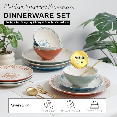 Sango 12-Piece Speckled Stoneware Dinnerware Set for 4- Glossy Plates and Bowls Set with Hand-Painted Floral Pattern, Rustic Ceramic Dish Set, Elegant Dishes for Everyday Dining, Siterra Glazed Garden - Image 2