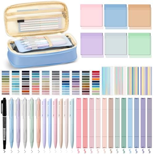 135 Pcs Book Annotation Kit with Pencil Case, 12 Pastel Highlighters, 11 Gel Pens, Fine Marker, 300 Transparent Sticky Notes, 2640 Index Tabs, Bible Study Supplies Kit(Classic,Light Blue) by Trandraft