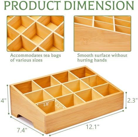 TIMIEEYA Tea Bag Organizer - Bamboo Tea Storage Organizer With 12 Compartments, 1 Layer Tea Organizer for Tea Bags Natural Bamboo for Countertop Office Kitchen Cabinet Pantry - Image 2