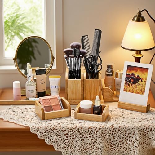 Cididu Bamboo Vanity Tray, 7 Pieces Adjustable Pen Holder Stationery Caddy - Image 4
