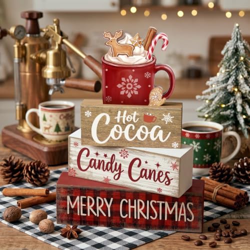 Moucuny 4 Pcs Christmas Table Decorations Wooden Hot Chocolate Cocoa Stacked Wooden Blocks Christmas Tiered Tray Decor with Cocoa Mug, Candy Canes Winter Centerpiece for Home Offiece Coffee Bar - Image 2