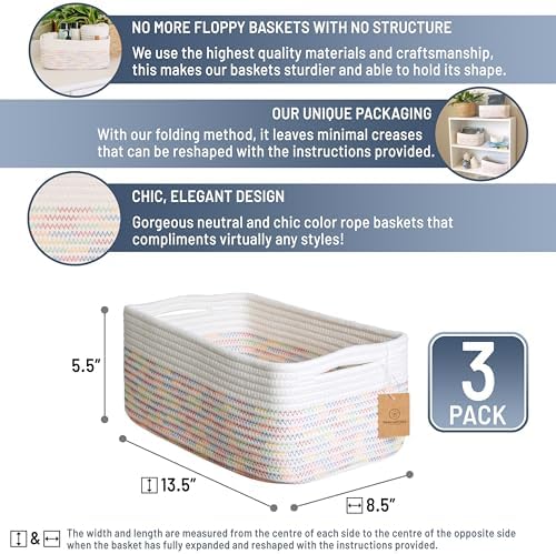 NaturalCozy 13.5”x8.5”x5.5” Rectangle Storage Baskets for Shelves 3 Pack | Cotton Rope Woven Small Baskets for Organizing | Small Storage Bins for Nursery, Bathroom, Closet, Shelf, Decorative - Image 2