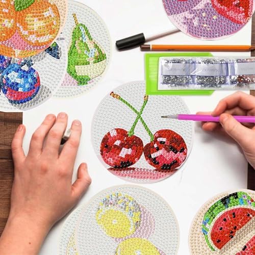 TCDZMYGS 8 Pcs Diamond Art Coasters Kit, Disco Fruit Diamond Painting Coasters Kits for Adults, 5D Full Drill Diamond Dot Gem Art Craft Kit with Holder, Fun DIY Non Slip Coaster for Home Decor - Image 4
