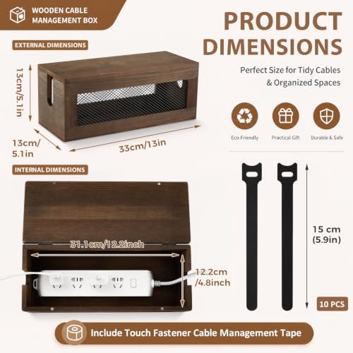 Chunful 13 Inch Cable Management Box, Wood Cord Hider Organizer with Magnetic Lid & Organizer for Power Strip, TV Wires & Desk Cable Storage, Ventilation Hide Floor Cables - Image 2
