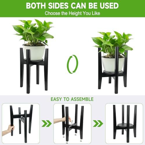 Adjustable Plant Stand with Tray,Indoor Wood Plant Stand Fit 8'' to 12'' Planter,Mid Century Modern Flower Pot Holder Rack(Plant and Pot Not Included),Black - Image 3