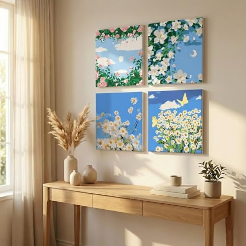 YONEYO 4 Pack Framed Paint by Numbers for Adults, Spring Floral & Daisy Blossom Acrylic Canvas Painting with Easels, Easy DIY Botanical Wall Art Decor, 8x8 Inch - Image 2