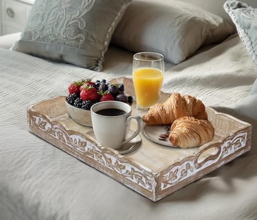 COTTON CRAFT Hand Carved Wooden Serving Tray - Breakfast Tray with Handles - Image 5