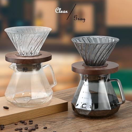 Lalord Pour Over Coffee Maker, 20 oz Borosilicate Glass Carafe with 100 pcs Paper Filter, Walnut Handle & Glass Lid, Drip Coffee Maker for Home Café Restaurant Camping, 600 ml, Gray - Image 3