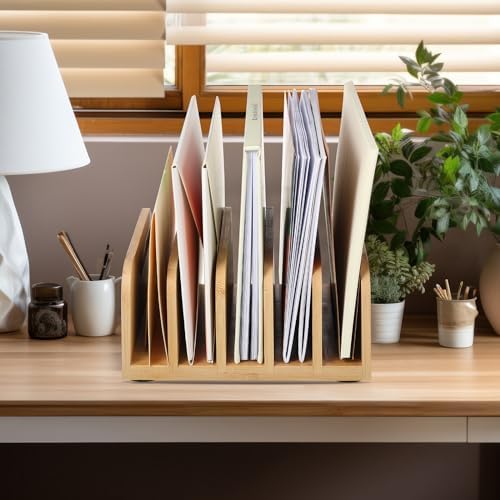 Lineshading Bamboo Letter Organizer, 5 Compartments Desk Mail Organizer, Desktop Envelope Holder and Letter Sorter, Countertop Paper File Holders with Anti Slip Mat for Home Office(Wood Color) - Image 4