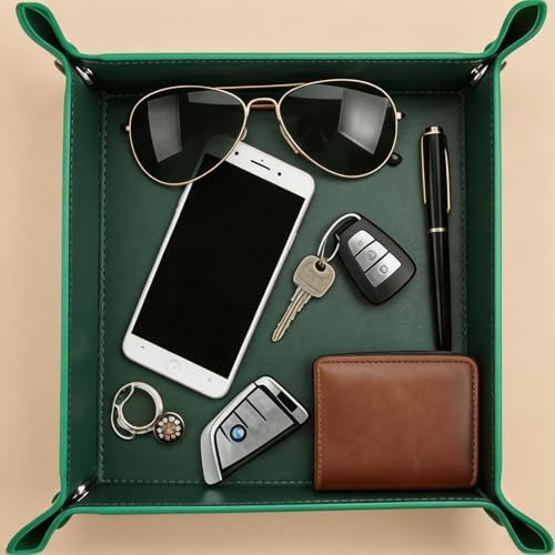 Valet Tray Desktop Storage Organizer – Vegan Leather Catchall Tray Bedside Vanity Tray Nightstand Caddy Holder for Remote Controller, Watch, Keys, Phone, Wallet, Coin, Jewelry, Midnight Green - Image 4