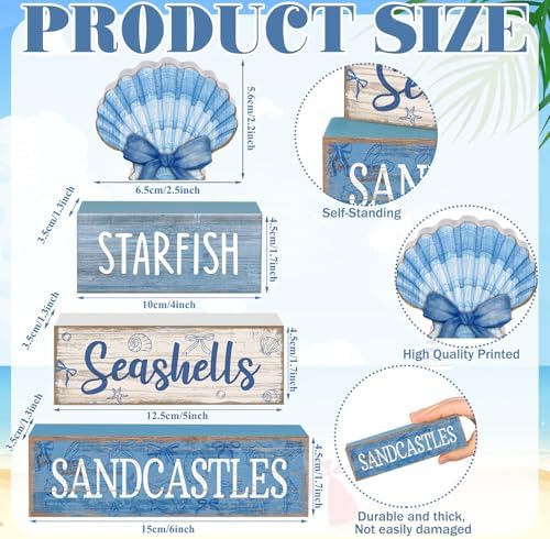 Moucuny 4 Pcs Beach Wooden Signs Table Decor with Shell, Tiered Tray - Image 3
