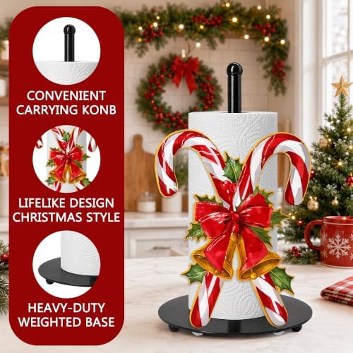 Christmas Candy Cane Paper Towel Holder, Farmhouse Xmas Kitchen Countertop Decor, Golden Bell Red Bow Holly Paper Towel Roll Stand, Christmas Housewarming Birthday Gift for Women Mom - Image 4