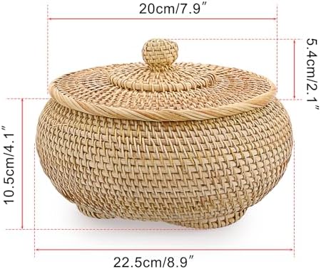 Hipiwe Round Rattan Basket Box with Lid Small Hand-Woven Wicker Basket Bin - Image 2