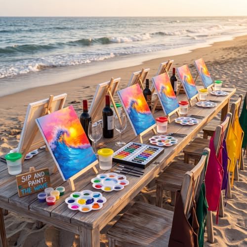 Cholemy 8 Set Paint and Sip Kit for Adults 8'' x 10'' Pre Drawn Canvas with Wooden Easels Acrylic Paint Brushes Wash Cup Palette Apron for Painting DIY Date Night Party Supplies(Sea Wave) - Image 5