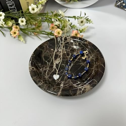 Natural Marble Tray, Dark Brown Round Marble Vanity Tray, Luxury Decorative Jewelry Dish, Non-Slip Countertop Storage Tray for Bathroom Dresser Entryway Coffee Table Home Decor - Image 2