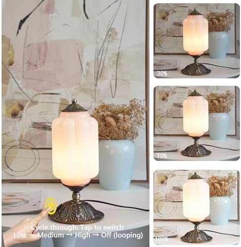 Vintage Pink Milk Glass Touch Bedside Lamp, 3-Way Dimmer, USB-C+A - Image 4