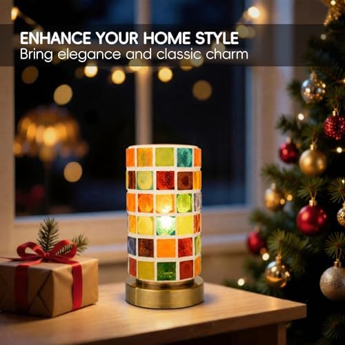 Mosaic Stained Glass Table Lamp for Bedroom Bedside, Bohemian Turkish Small Nightstand Lamp Night Light, Metal Base Round Colored Glass Shade Desk Lamp for Living Room Restaurant Bar (Bulb Included) - Image 5