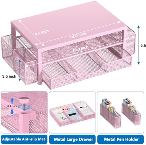 OPNICE Desk Organizers and Accessories, Computer Monitor Stand Riser with Drawer and 2 Pen Holders, Printer & Laptop Stand, Office Desk Accessories & Workspace Organizers for Home Office Supplies, Metal Pink - Image 7