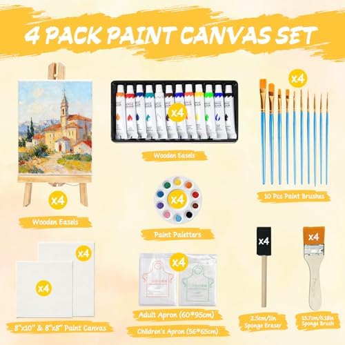 4 Set Acrylic Paint Sets for Adults, Canvas Painting Kit, Paint Kits for Adults, Canvas and Easel Set, 12-Color Acrylic Paints, Brushes, Easel, Palette - for Beginners and Professionals - Image 2