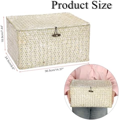 Hipiwe Wicker Shelf Baskets Bin with Lid, Large Seagrass Basket Storage Box - Image 2
