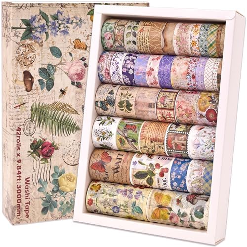 42 Rolls Vintage Washi Tape Set, Floral Letter Butterfly Mushroom Botanical Flower Writable Decorative Tapes for Scrapbooking , Junk Journal Supplies, Bullet Journaling 5-75mm Wide 9.84ft long/Roll by emmoolife