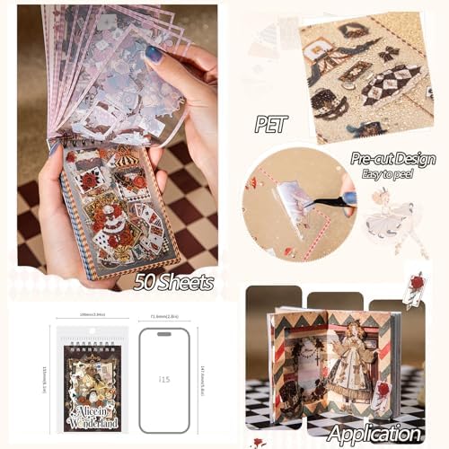 450+ Scrapbook Stickers for Scrapbooking Supplies, 50 Sheets Vintage Alice Journal Sticker Book for Journaling, Junk Journal Supplies, Planner, Album Craft, PET Waterproof for Girls Gift - Image 5