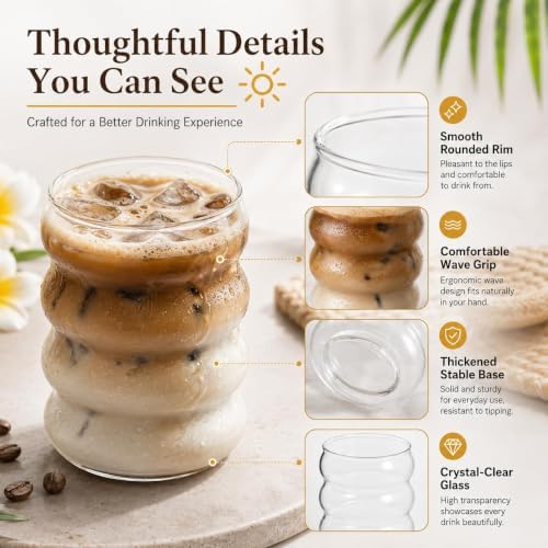 ALINK Ribbed Drinking Glass Cups with Straws Set of 4, 12 oz Aesthetic Iced Coffee Glasses, Wave Bubble Tumbler, Ripple Glassware, Beer Glasses for Coctail, Soda, Gift with Brush - Image 4