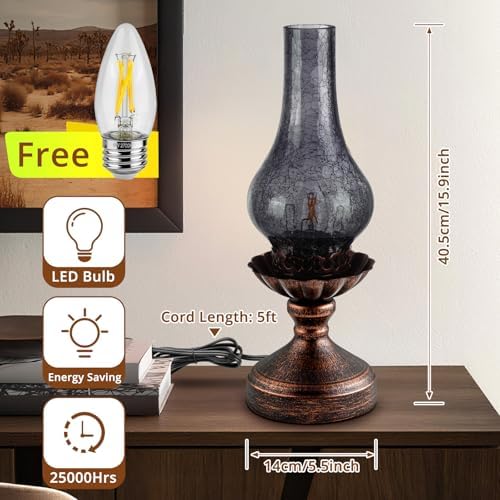 Vintage Table Lamp with Smoke Grey Crackle Glass Shade,Touch Control & 3-Way Dimmable Rustic Retro Farmhouse Bedside Lamp for Bedroom, Living Room, Cabin, Office (2700K LED Candle Bulb Included) - Image 5