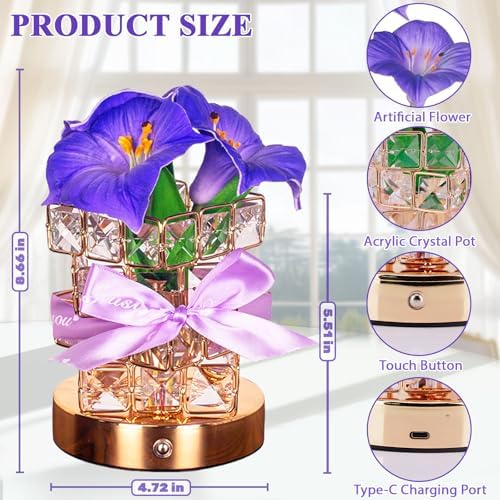Flower Table Lamp, 3-Color Dimmable Artificial Flowers Night Light, Rechargeable Cordless Small Desk Lamp, Morning Glory with Crystal Vase for Date Party Home Decoration (MF Morning Glory-Purple) - Image 2