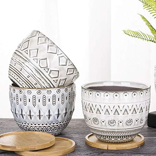 VanEnjoy 5.5 inch Large Round Bohemian Style Ceramic Planter, Geometry Engrave Off White Brown Succulent Planter Flower Pot - Indoor Outdoor Decorative Planter - Image 5