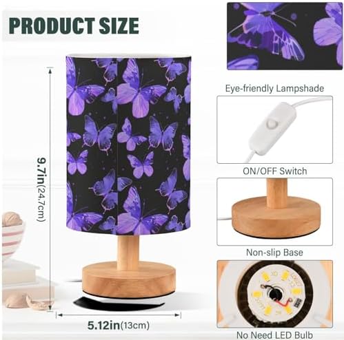 Mysterious Purple Butterflies Silhouette Bedside Table Lamps with USB Port for Bedroom Lamp Accent Table Lamp Small Nightstand Lamp Sturdy Linen Shade Wooden Base Decorative Lamps for Home|Kids|Dome - Image 4
