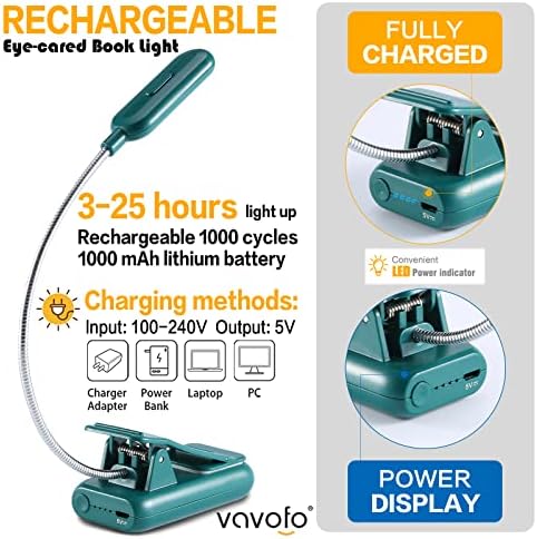 VAVOFO Rechargeable Book Light for Reading in Bed Kids, 7 LED Reading Light with 9-Level Warm Cool White Daylight, Eye Care Lamp with Power Indicator for Bookworms (Green) - Image 4