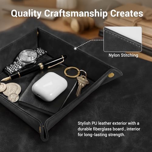 CoBak Leather Valet Tray, PU Leather Catch-All Tray for Entryway,Black - Image 3