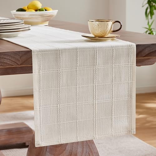 ZeeMart Linen Checked Farmhouse Table Runner, 13x108 Inches Ivory - Image 4