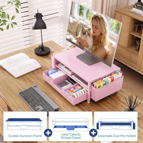 OPNICE Desk Organizers and Accessories, Computer Monitor Stand Riser with Drawer and 2 Pen Holders, Printer & Laptop Stand, Office Desk Accessories & Workspace Organizers for Home Office Supplies, Pink - Image 5