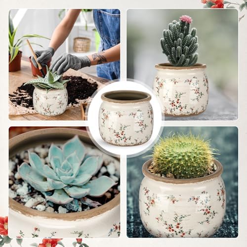 Vintage Planter Large Ceramic Plants Pot Beige Red Floral Pot - Image 4