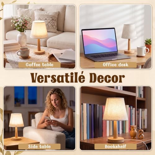 Gerrii 4 Pack Small Bedside Table Lamps, Linen Shade, Wood Base, USB Plug - Image 6