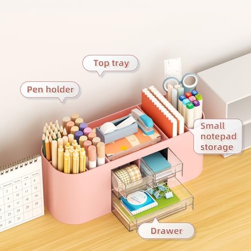 Marbrasse Desk Organizer Pen Holder for Desk with 3 Drawers, Multi-Functional Pencil Holder, Desk Organizers and Accessories with 7 Compartments for Home, School, Classroom(Pink) - Image 3