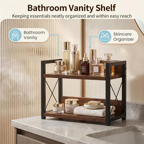 2-Tier Countertop Organizer, Iron-Wood Coffee Station Shelf, Heavy Duty Kitchen Counter Spice Rack for Coffee Bar, Pantry, Bathroom Storage(Brown) - Image 5