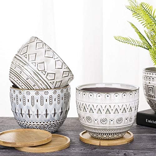 VanEnjoy 5.5 inch Large Round Bohemian Style Ceramic Planter, Geometry Engrave Off White Brown Succulent Planter Flower Pot, Indoor Outdoor Decorative Planter - Image 5