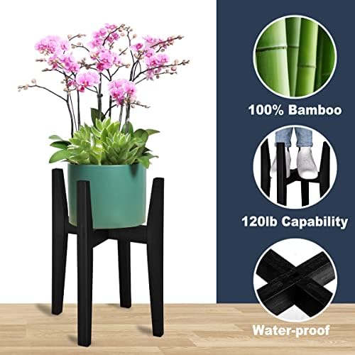 OERGKE Adjustable Plant Stand Indoor, Bamboo Mid Century Modern Plants Stands, Corner Flower Holder for Living Room, Fits 8 to 12 Inches Pots, (Pot & Plant Not Included)(Black, 1 Pack) - Image 2